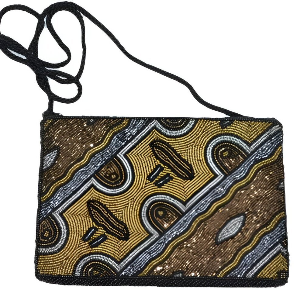 Vintage Andre Cellini Copper Blue-Gray Beaded Wearable Art Tribal Mini Purse Bag